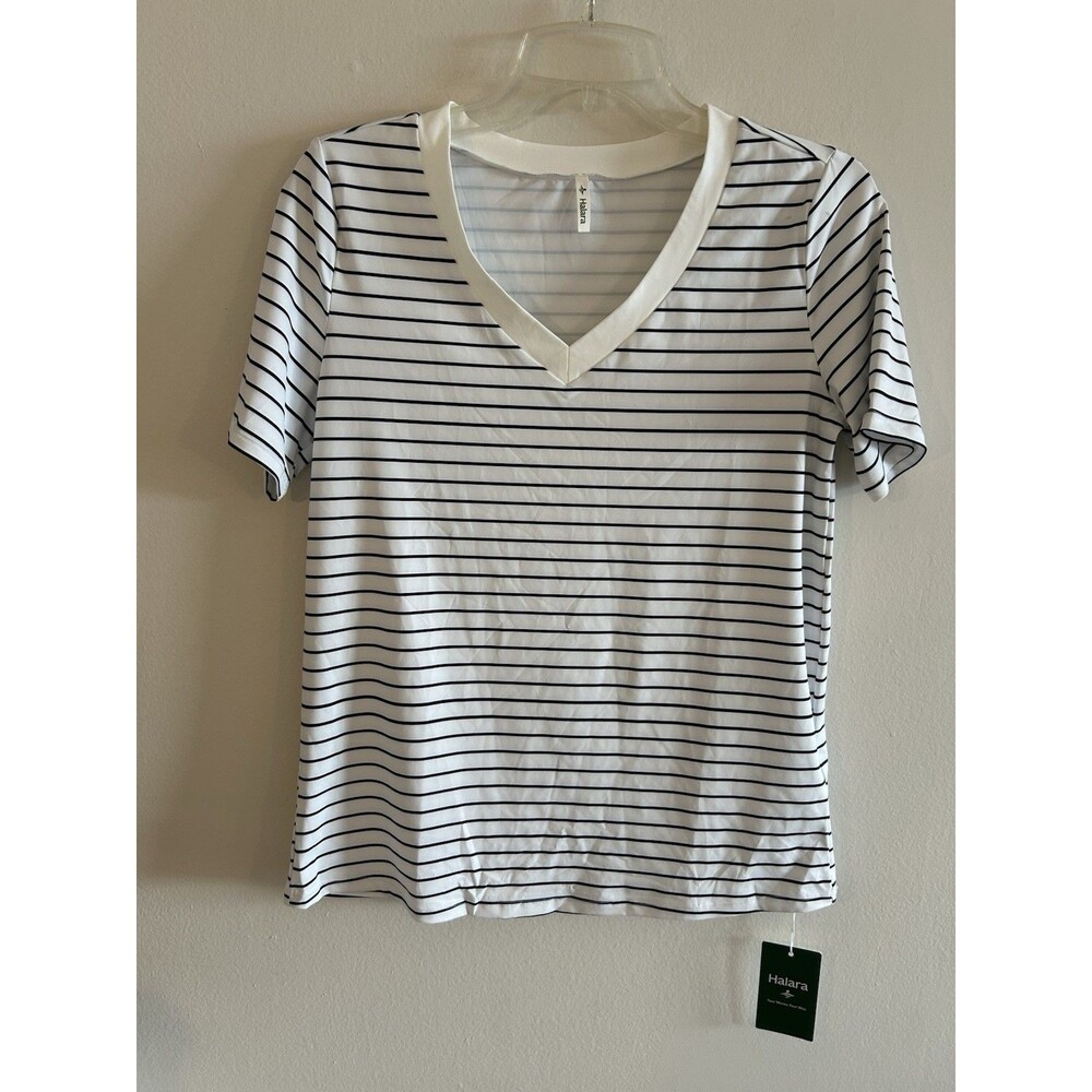 NEW! Halara Womens White V-Neck Short Sleeve Striped Top Size S